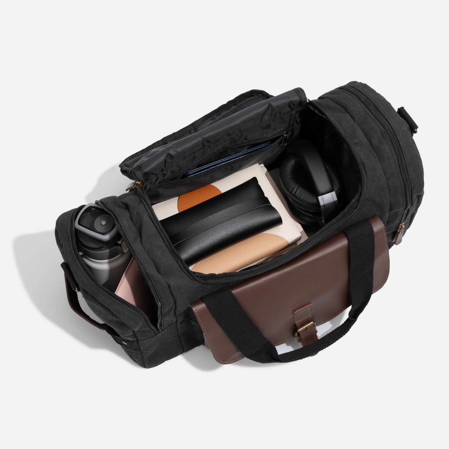 Multi-Compartment Leather Look Accent Duffle Bag
