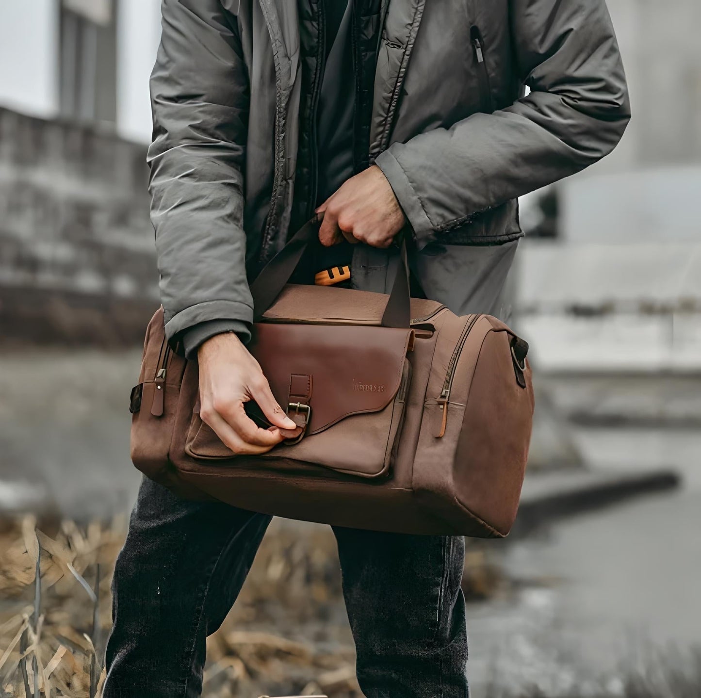 Multi-Compartment Leather Look Accent Duffle Bag
