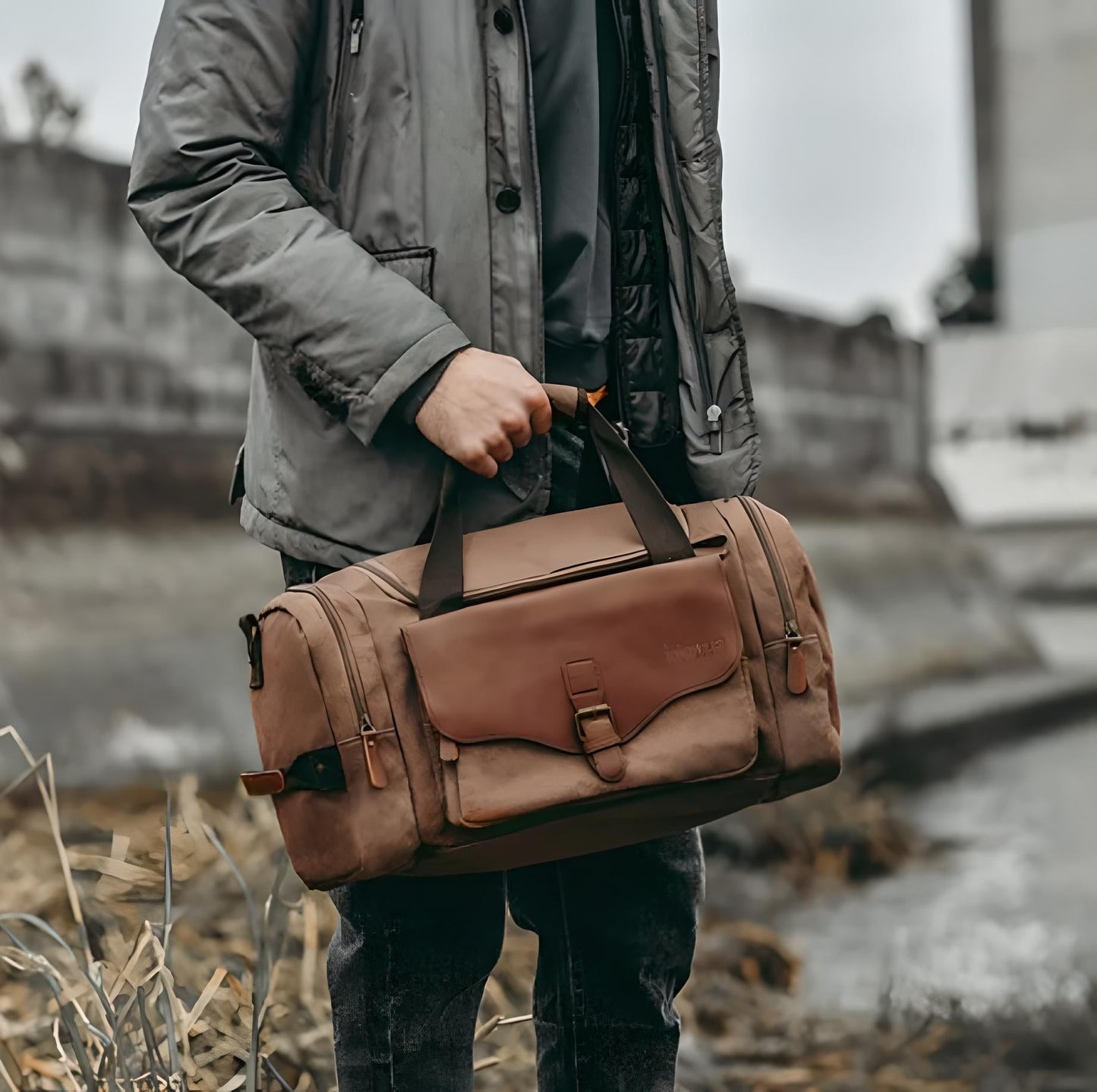 Multi-Compartment Leather Look Accent Duffle Bag