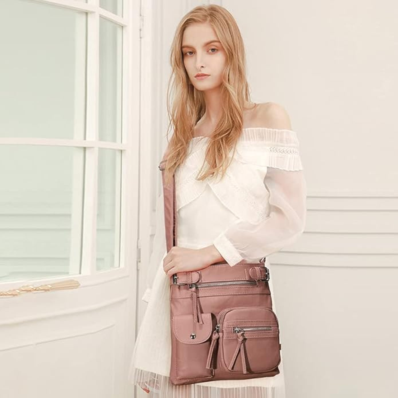Women's Multi-Pocket Leather look Shoulder Bag