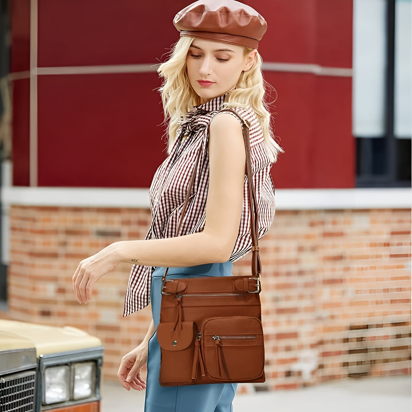 Women's Multi-Pocket Leather look Shoulder Bag