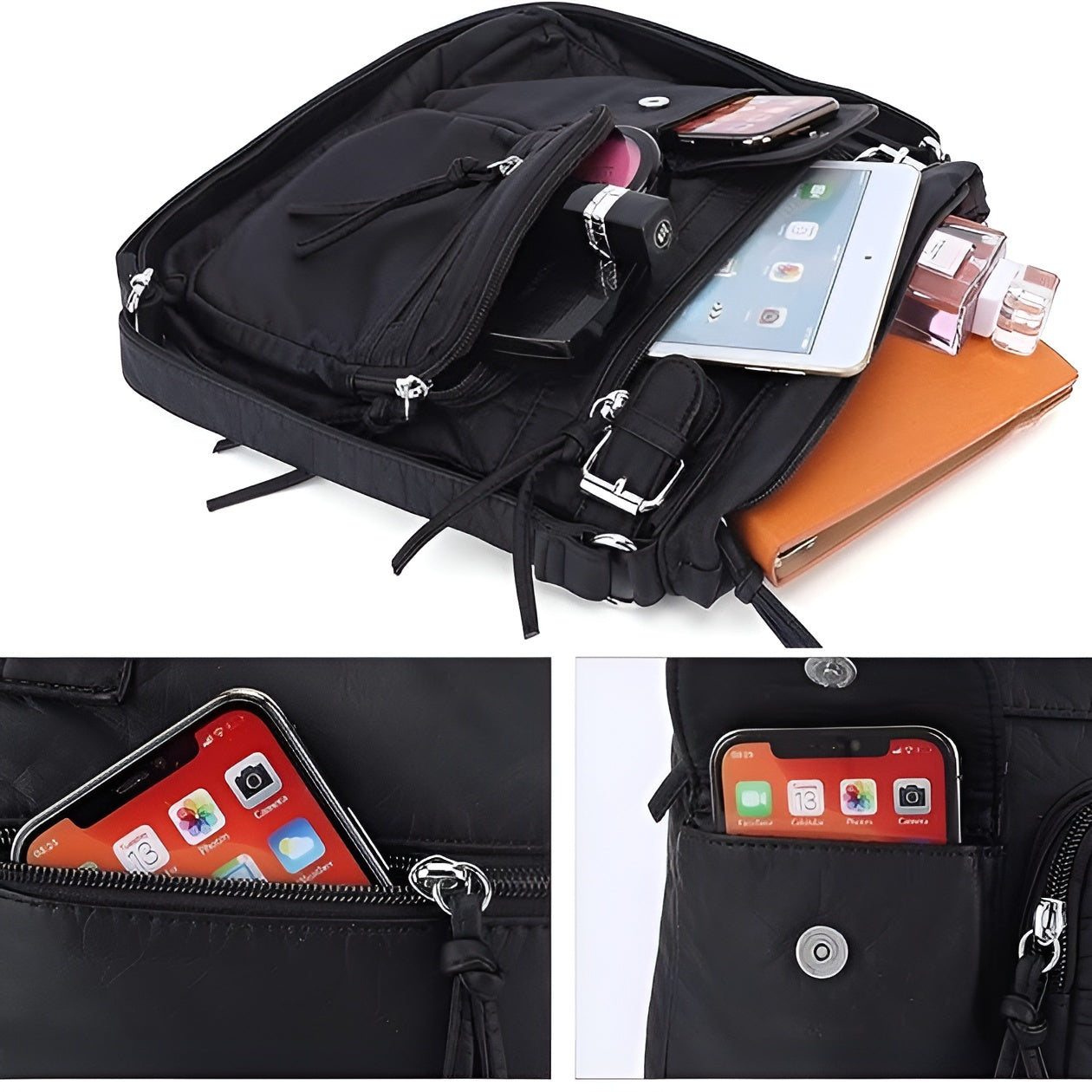 Women's Multi-Pocket Leather look Shoulder Bag
