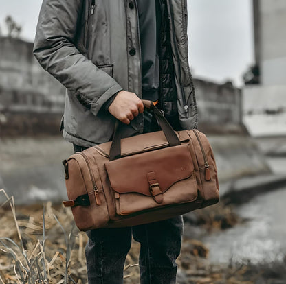 Multi-Compartment Leather Look Accent Duffle Bag
